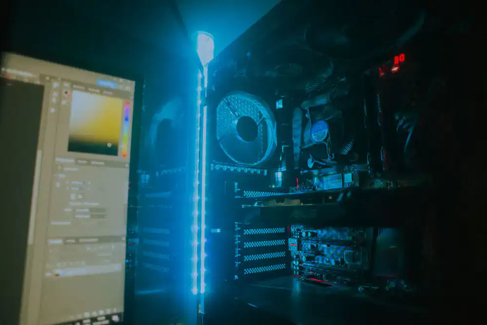 High-end PC gaming setup with glowing RGB lights