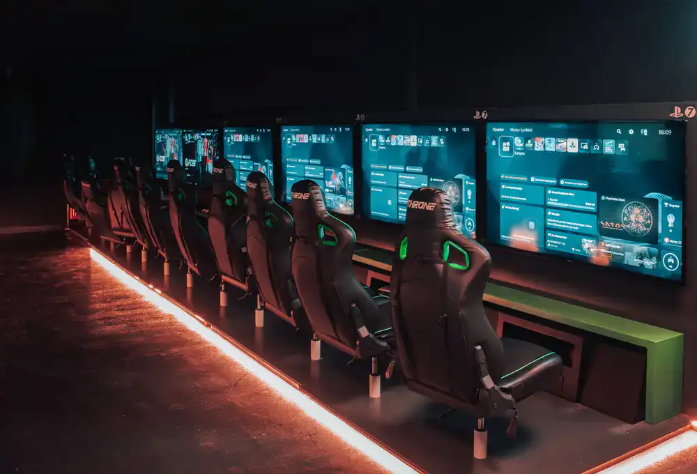 Row of high-end gaming stations ready for players